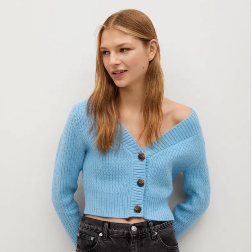 Mango Cropped Blue Cardigan With Buttons